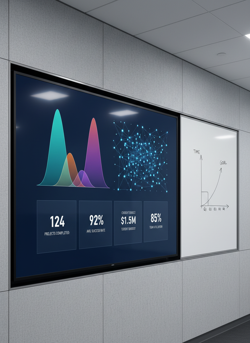 A large, wall-mounted digital screen in a modern training room displaying a sophisticated data visualization: layered multi-colored area charts, a network graph, and KPI cards arranged in a grid on a dark navy background. The screen is framed by smooth, light-gray acoustic panels and a minimalist whiteboard with a few neatly drawn axes and labeled metrics. Recessed ceiling lights provide soft, uniform illumination that subtly reflects off the screen’s glass without glare, while cool undertones reinforce a professional mood. Shot from a slightly low angle to give the screen prominence, the composition uses leading lines from the wall panels to draw the eye toward the visualizations. Photographic realism and a clean, corporate aesthetic underscore the concept of structured, high-level data education and strategic analytics training.