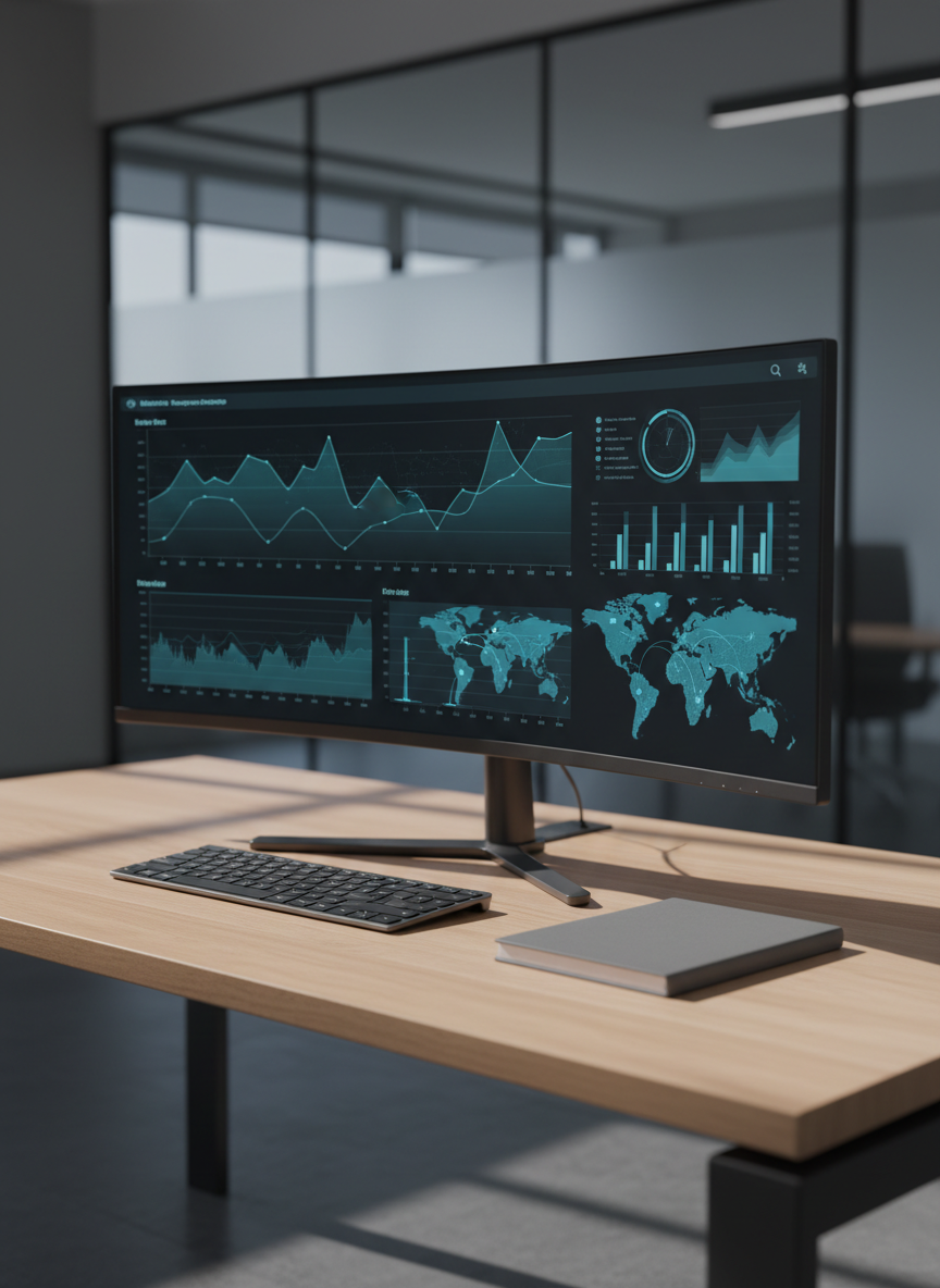 A sleek, ultra-wide computer monitor displaying a clean dark-themed data dashboard with interactive line charts, bar graphs, and a world map of data points in cool blues and teals. The monitor stands on a minimalist light oak desk with a brushed metal keyboard and a closed graphite-gray notebook aligned precisely beside it. Soft, diffused daylight enters from an unseen window, casting gentle, linear shadows that emphasize the desk’s clean lines. The background is an intentionally blurred corporate office interior with glass partitions and neutral gray walls. Shot at eye level with a slight three-quarter angle, the composition follows the rule of thirds and maintains sharp focus on the screen’s details. The photographic realism and restrained color palette convey a professional, structured, and trustworthy data science learning environment.